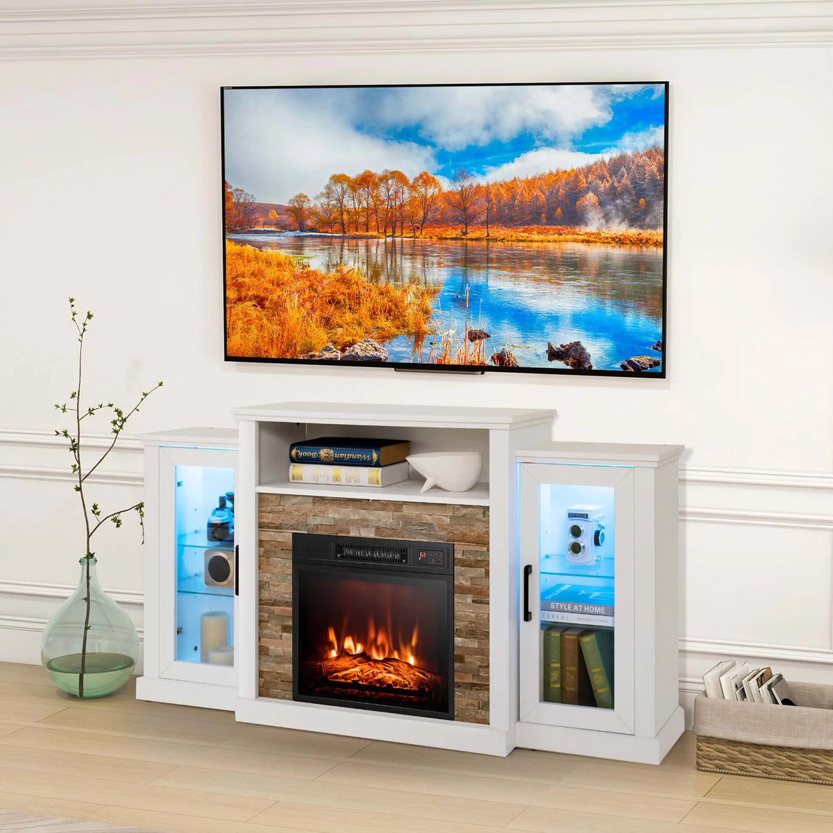 White Fireplace TV Stand with LED Lights & 18'' Electric Fireplace W628453