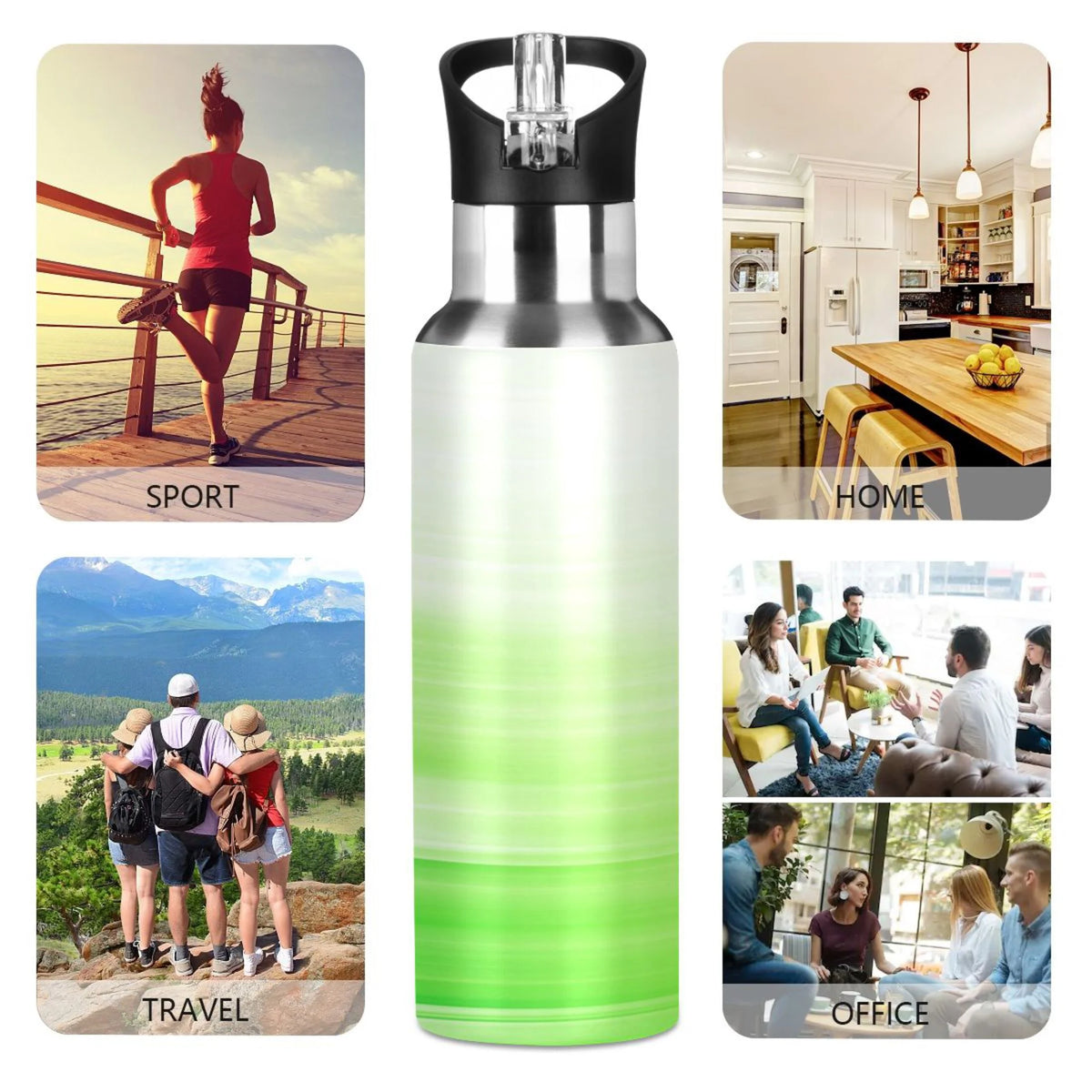 Stainless Steel Water Bottle Gradient Green with Straw Lid Vacuum Insulated Leak Proof Flask 20 OZ F970