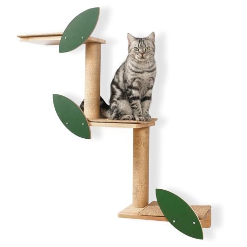 Cat Wall Shelves with Leaves, 2 Platform, Rubber Wood Wall Perch with Mat, Bridge U42398