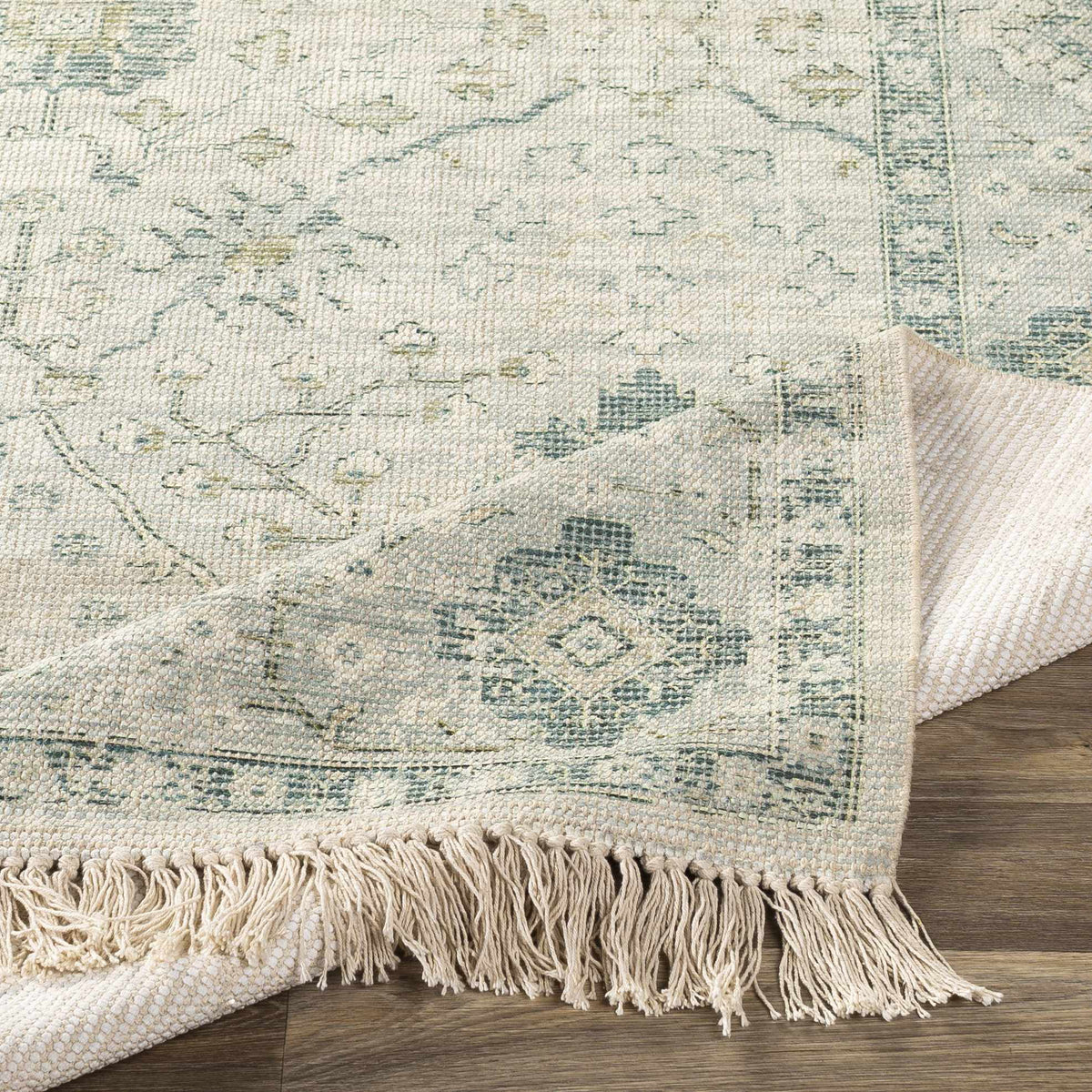 Hand Woven Cotton Area Rug with Tassel Green Sage Beige Off White 6' x 9' Z11268