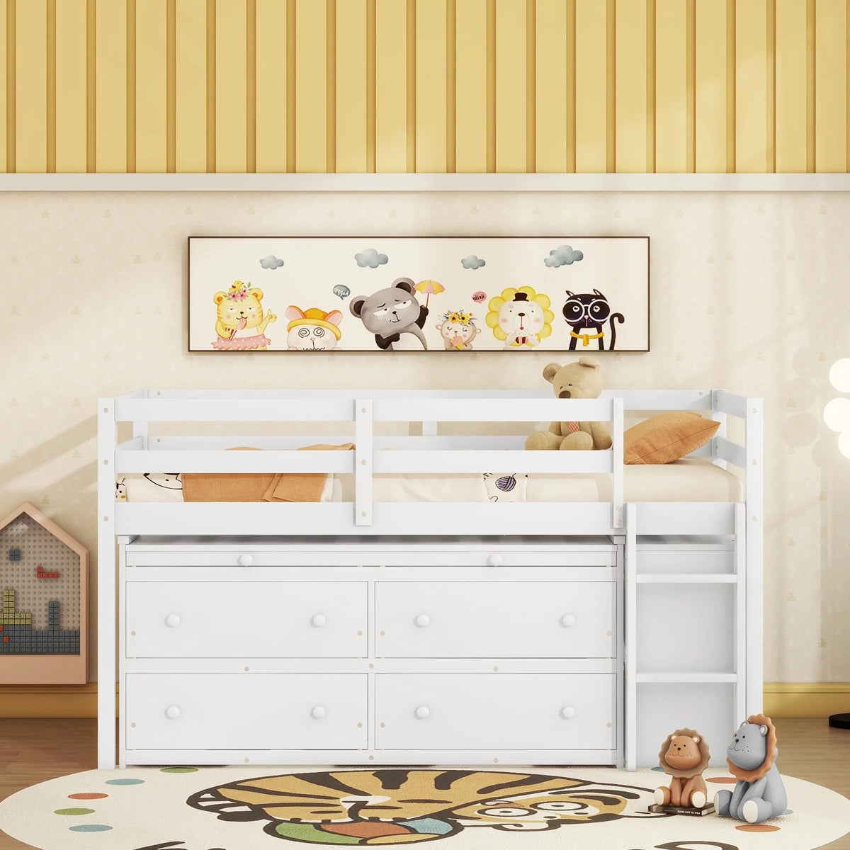 Twin Size White Wood Loft Bed with Desk and 4 Drawers L596011