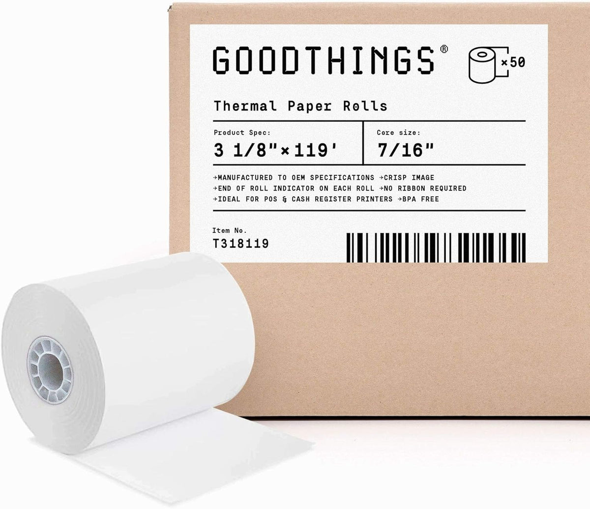 3 1/8 X 119' 50 Rolls Thermal POS Receipt Paper Roll BPA Free F86220