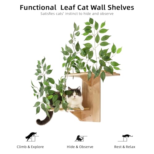 Cat Wall Shelves with Leaves, 2 Platform, Rubber Wood Wall Perch with Mat, Bridge U42398