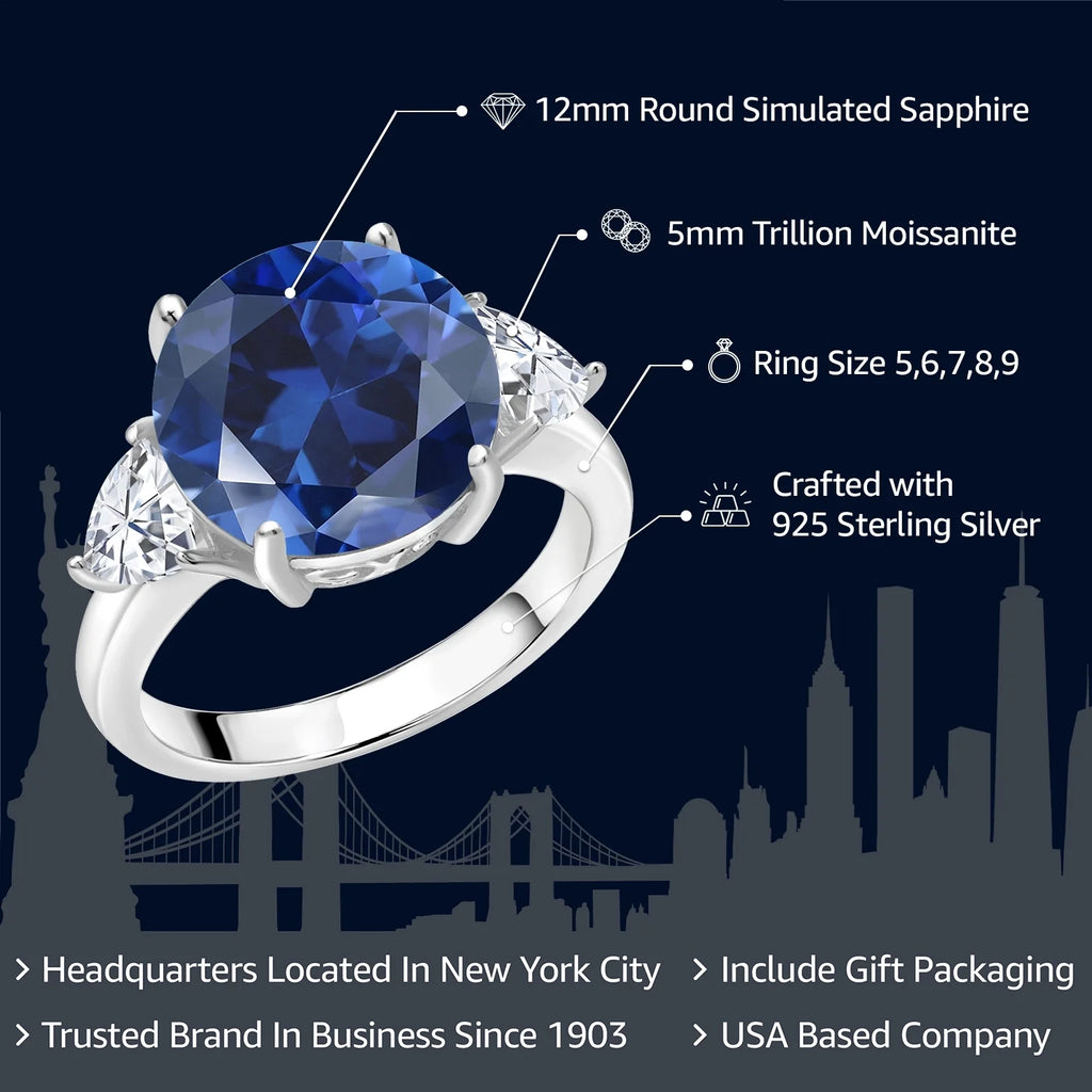 925 Sterling Silver Blue Simulated Sapphire and White Moissanite 3-Stone Ring B530