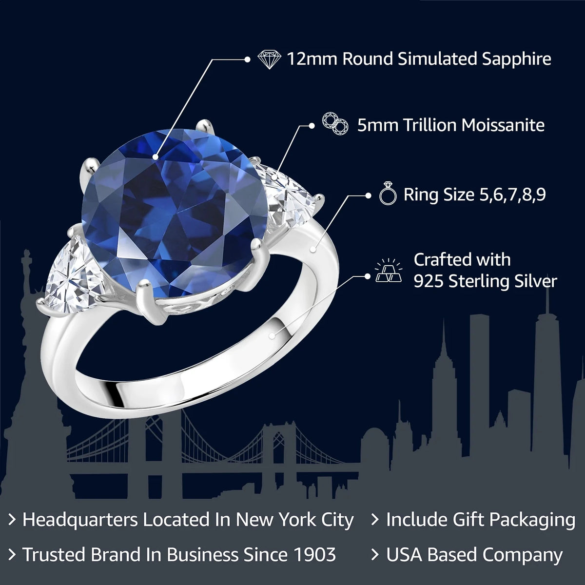 925 Sterling Silver Blue Simulated Sapphire and White Moissanite 3-Stone Ring B530