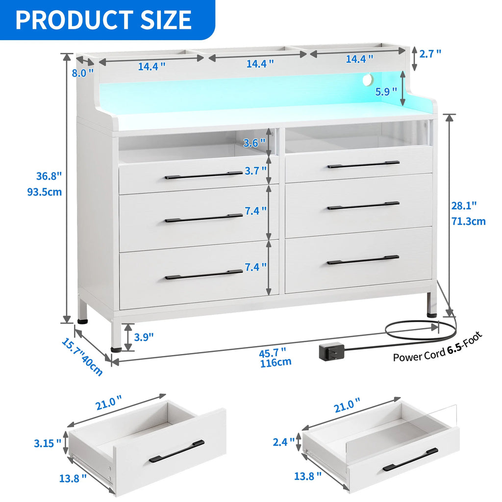 Black 6 Drawer Dresser with LED Light and Open Storage W5696