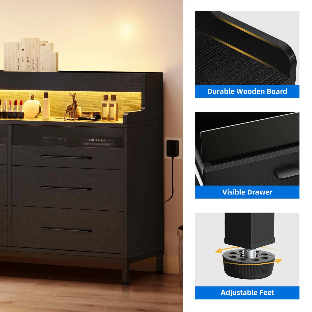 Black 6 Drawer Dresser with LED Light and Open Storage W5696