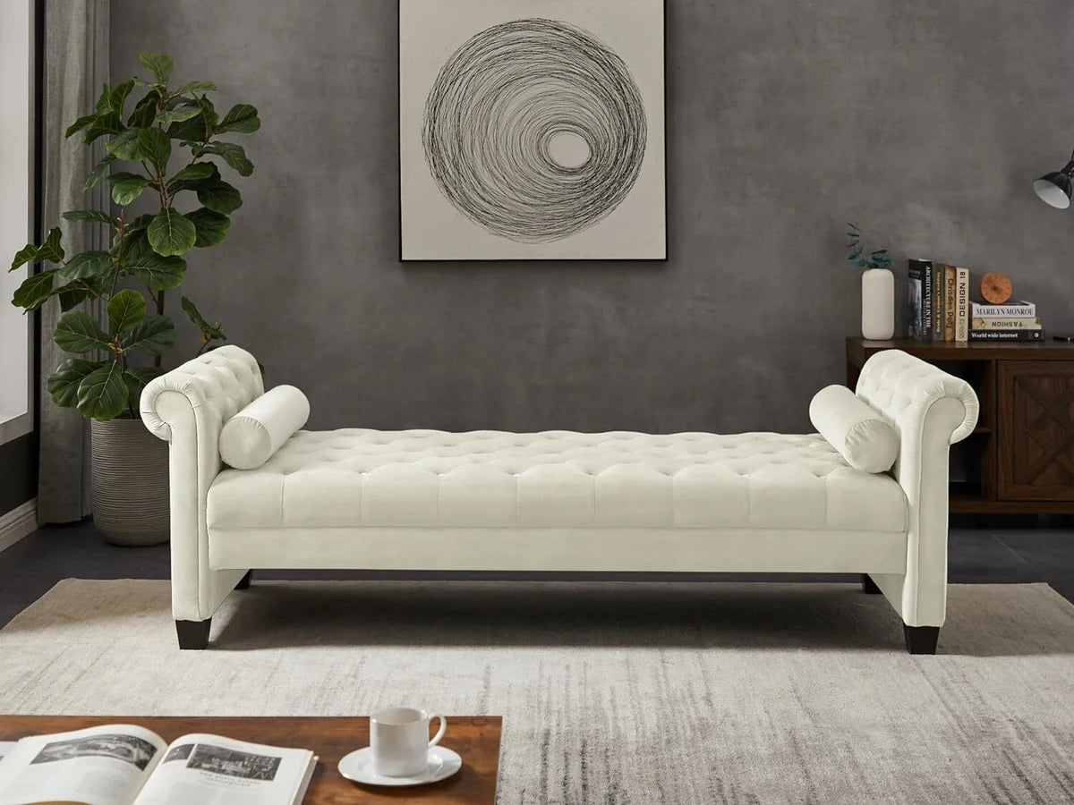 Ivory Velvet Upholstered Bench with 2 Pillows Y273451
