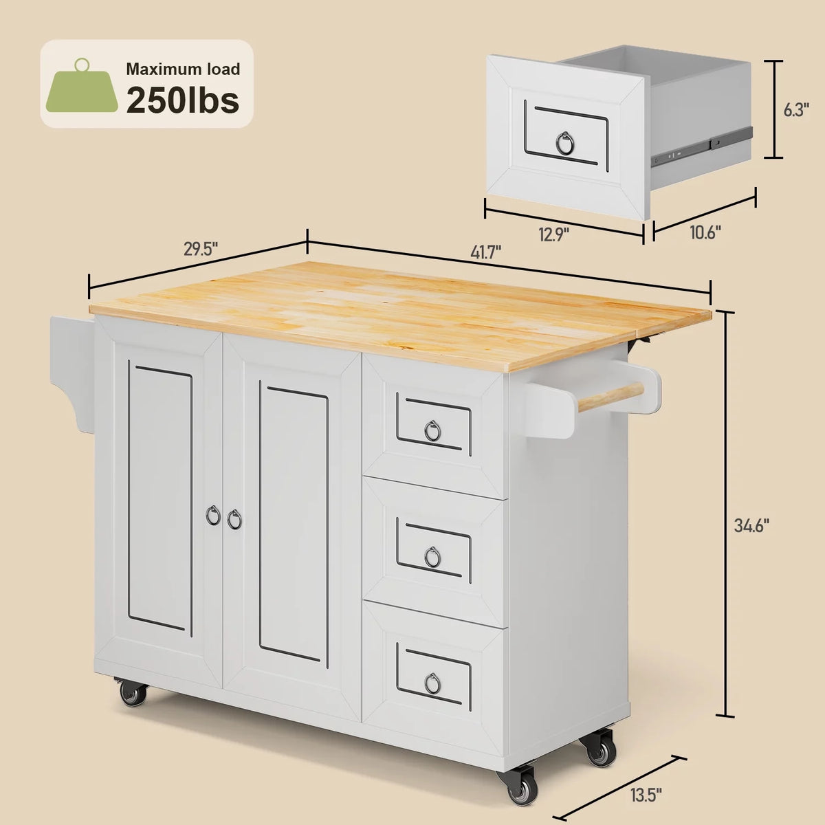 42" White Kitchen Island with Storage Q769