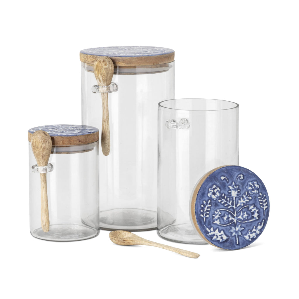 Glass Canister with Wooden Lid and Spoon Set of 3 P55111