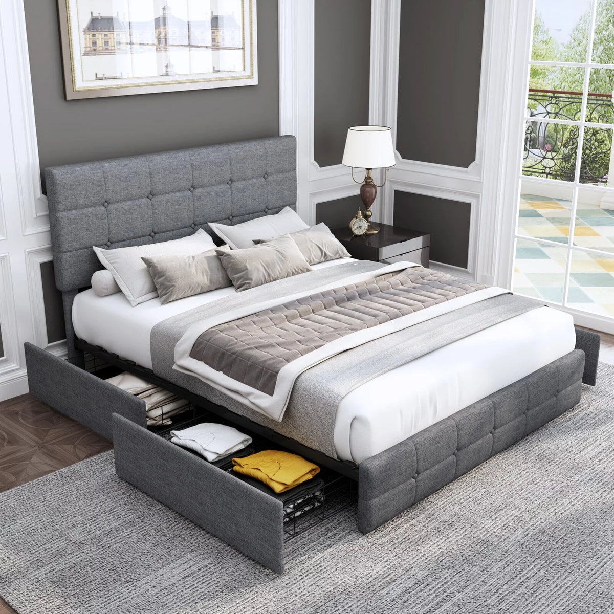 Queen Size 4 Drawer Upholstered Platform Bed with Adjustable Headboard I32229