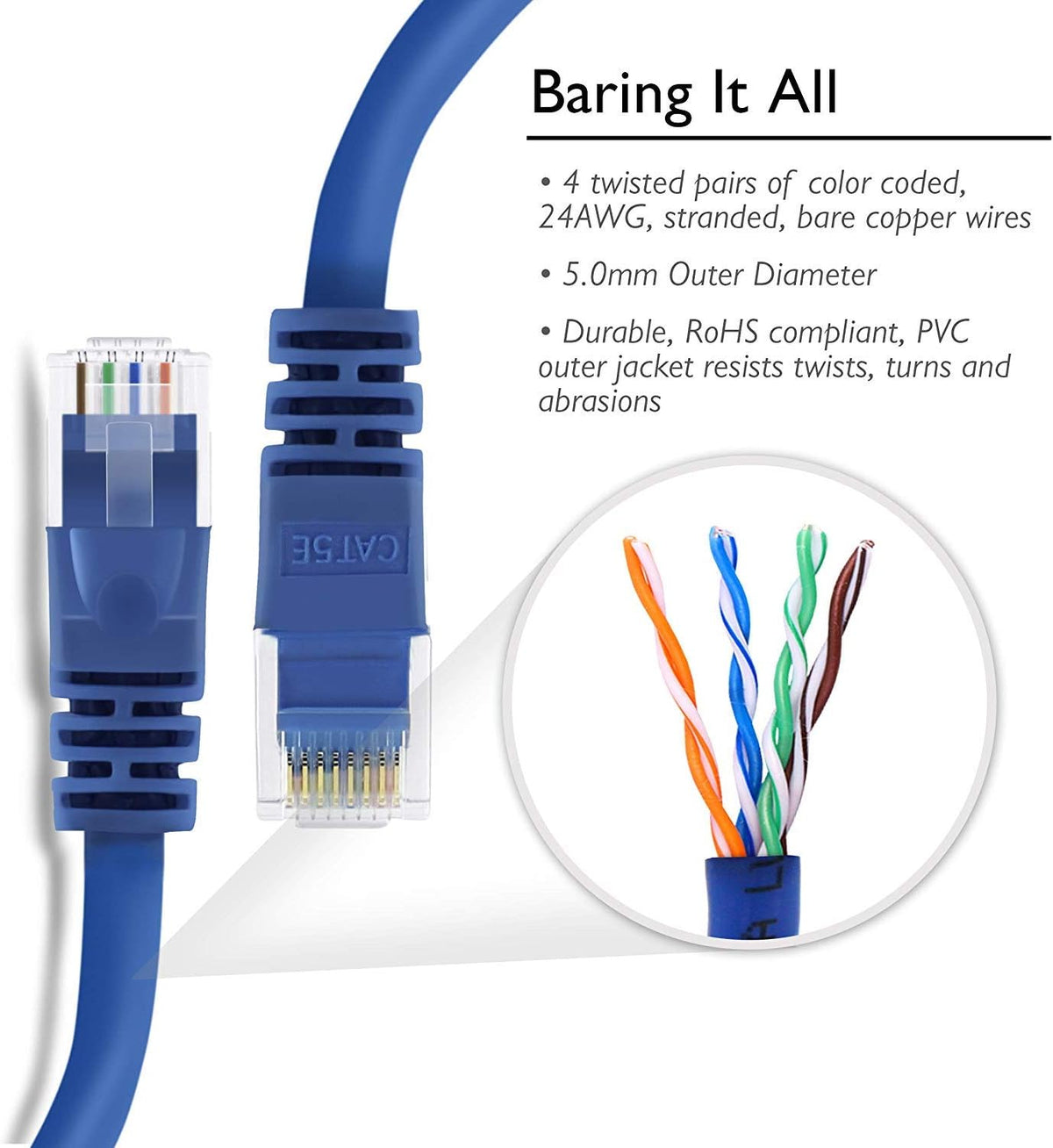 Blue Cat5e Ethernet Patch Cable 10 Feet 20-Pack A826