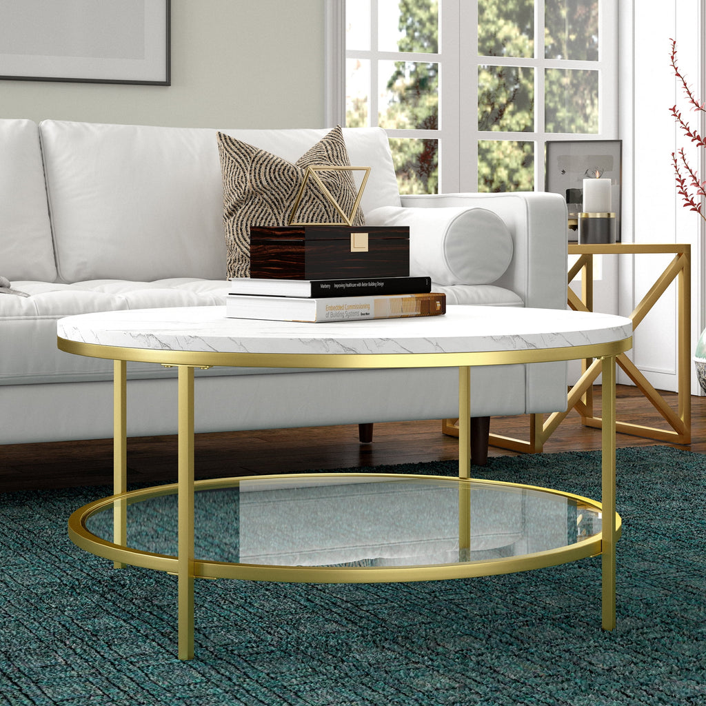 36" Wide Round Coffee Table with Faux Marble Top D507
