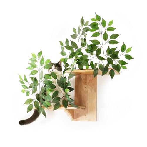 Cat Wall Shelves with Leaves, 2 Platform, Rubber Wood Wall Perch with Mat, Bridge U42398