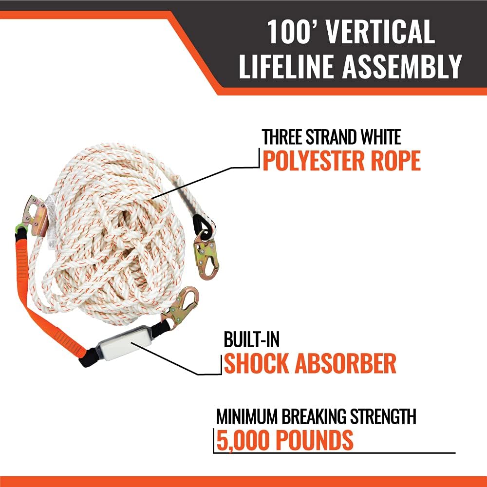 100’ Vertical Lifeline Assembly with Shock Absorber and 18” Extension Lanyard W55055