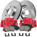 Powder Coated Red Loaded Calipers + Drilled Slotted Rotors + Ceramic Brake Pads Kit B21971