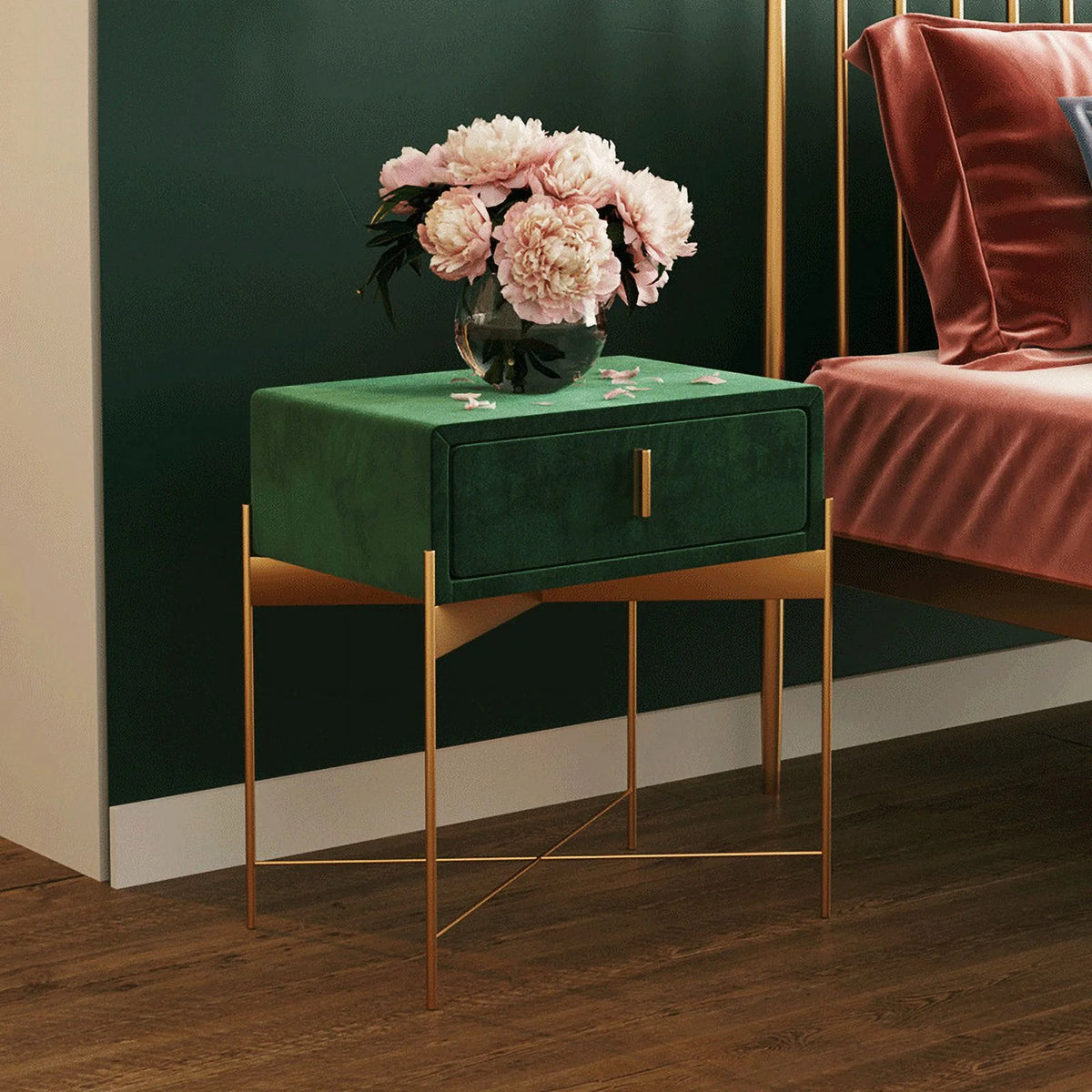 Green Velvet Upholstered Nightstand with Drawer I63262