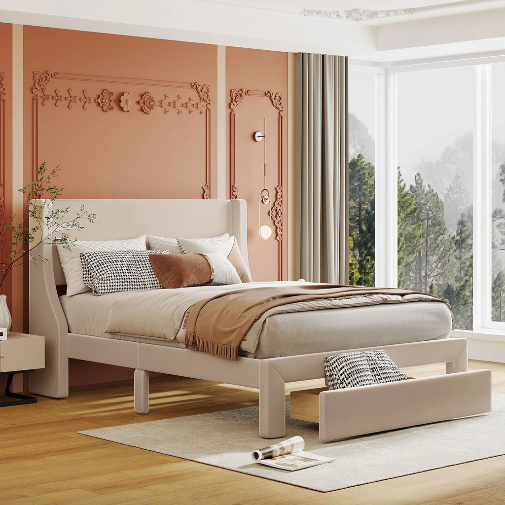 Beige Velvet Full Size Bed Frame with Storage Drawer G533