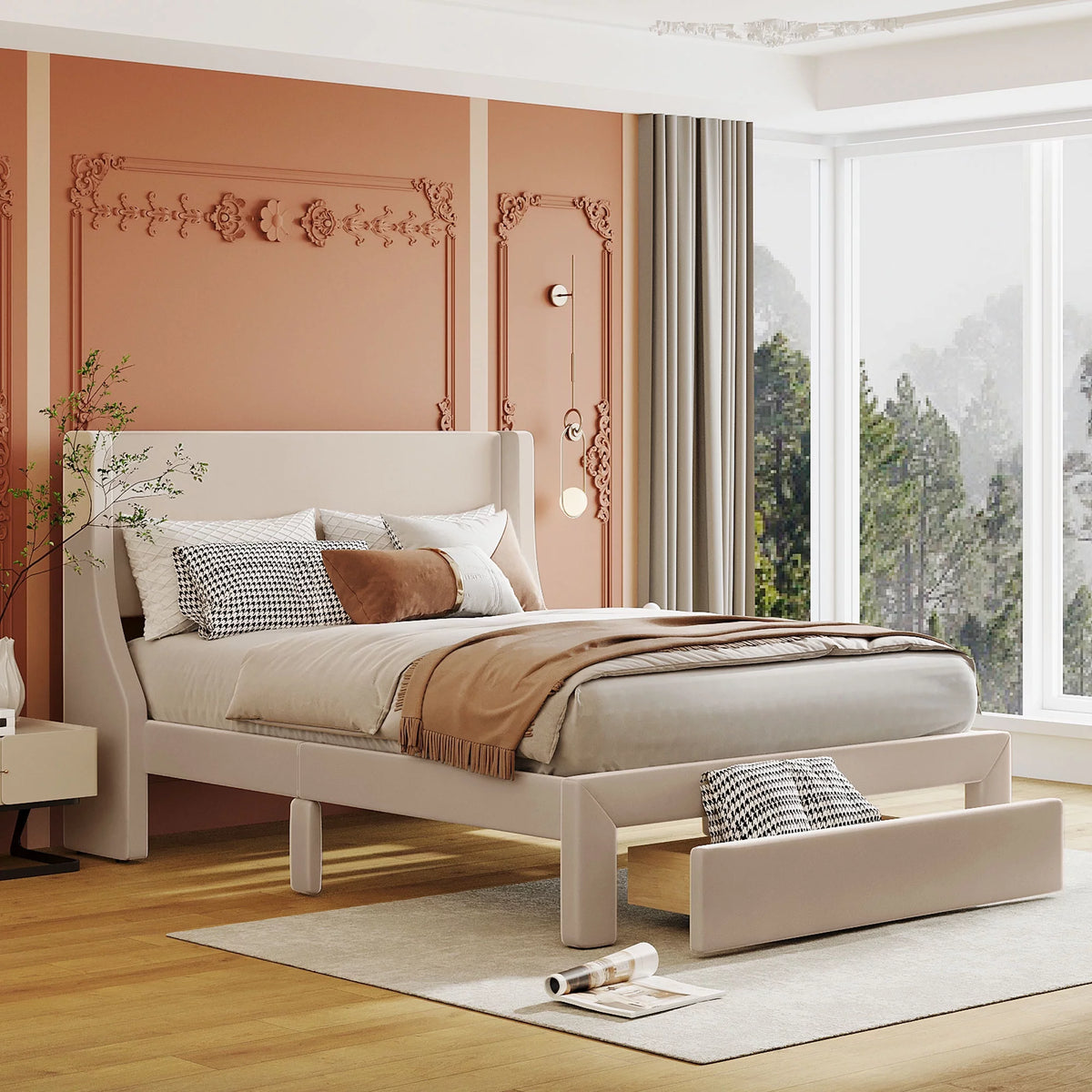 Beige Velvet Full Size Bed Frame with Storage Drawer G533