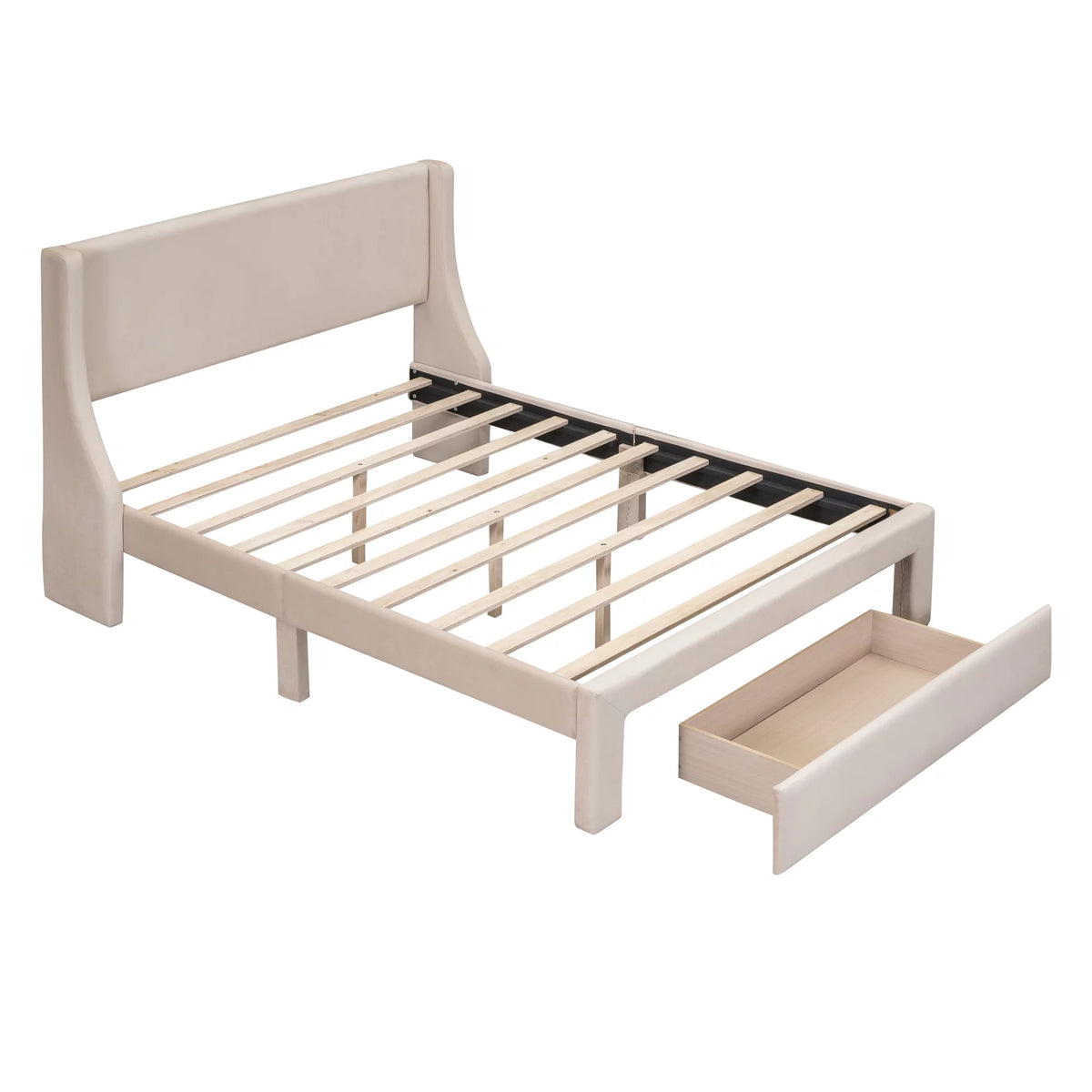Beige Velvet Full Size Bed Frame with Storage Drawer G533