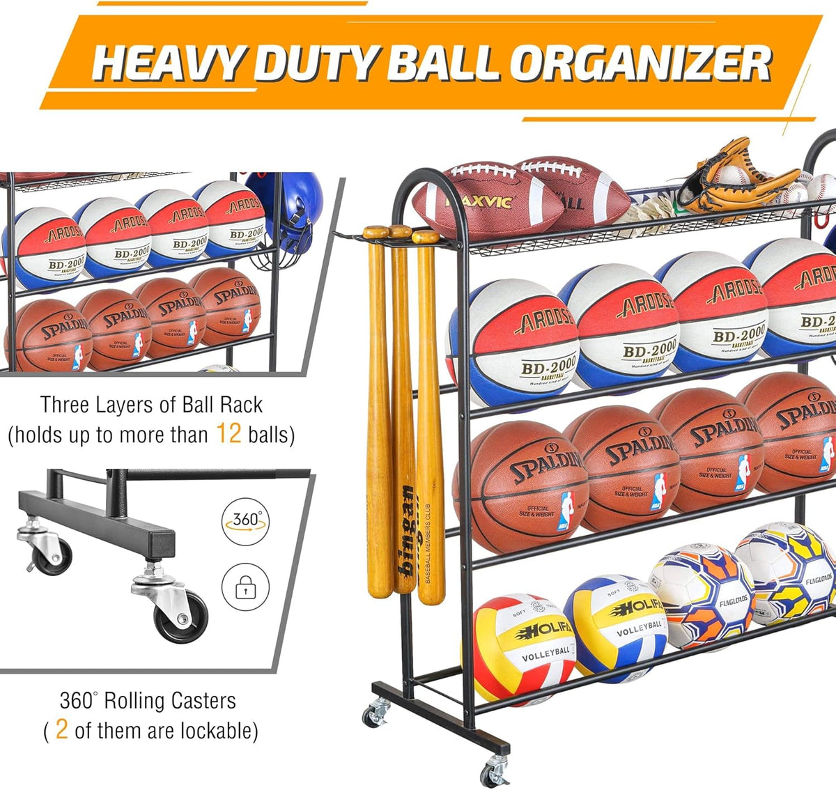 Basketball Rack with Baseball Bat Holder and Hooks, Powder Coated Steel Q6774