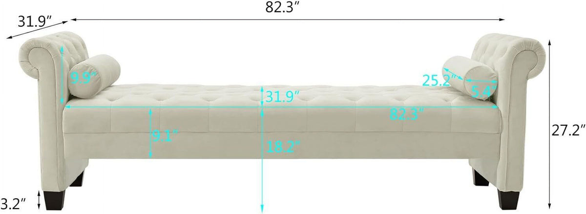 Ivory Velvet Upholstered Bench with 2 Pillows Y273451