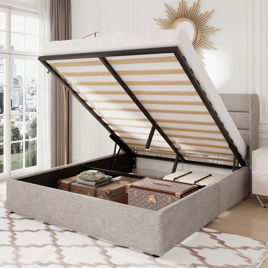 Queen Size Lift Up Storage Bed Frame with Wingback Headboard A7048