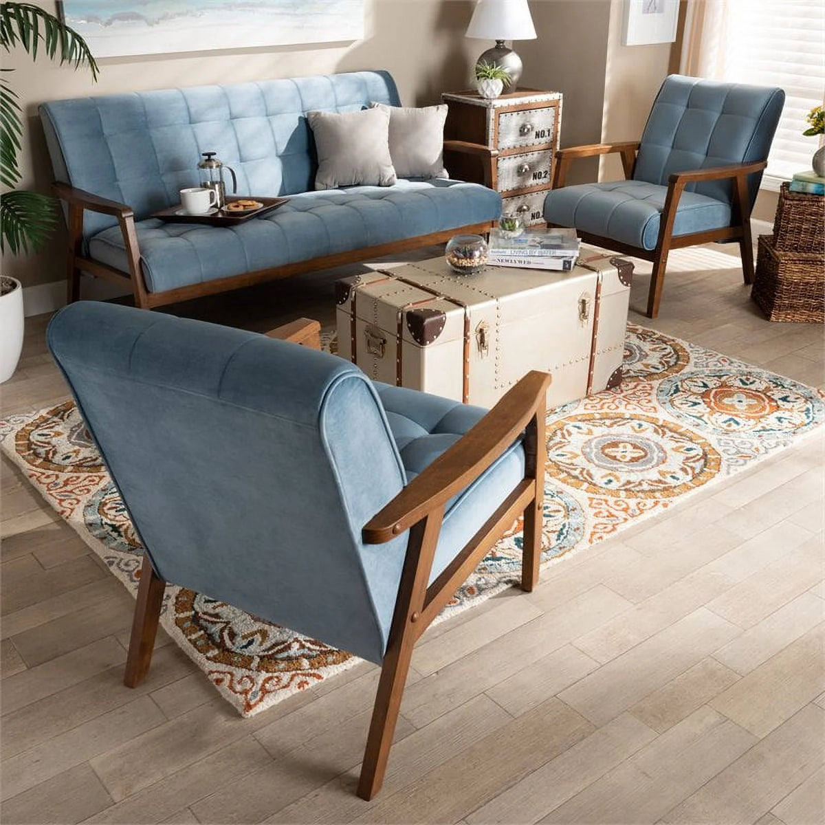 Light Blue Velvet Upholstered Wood 3-Piece Living Room Set C9299