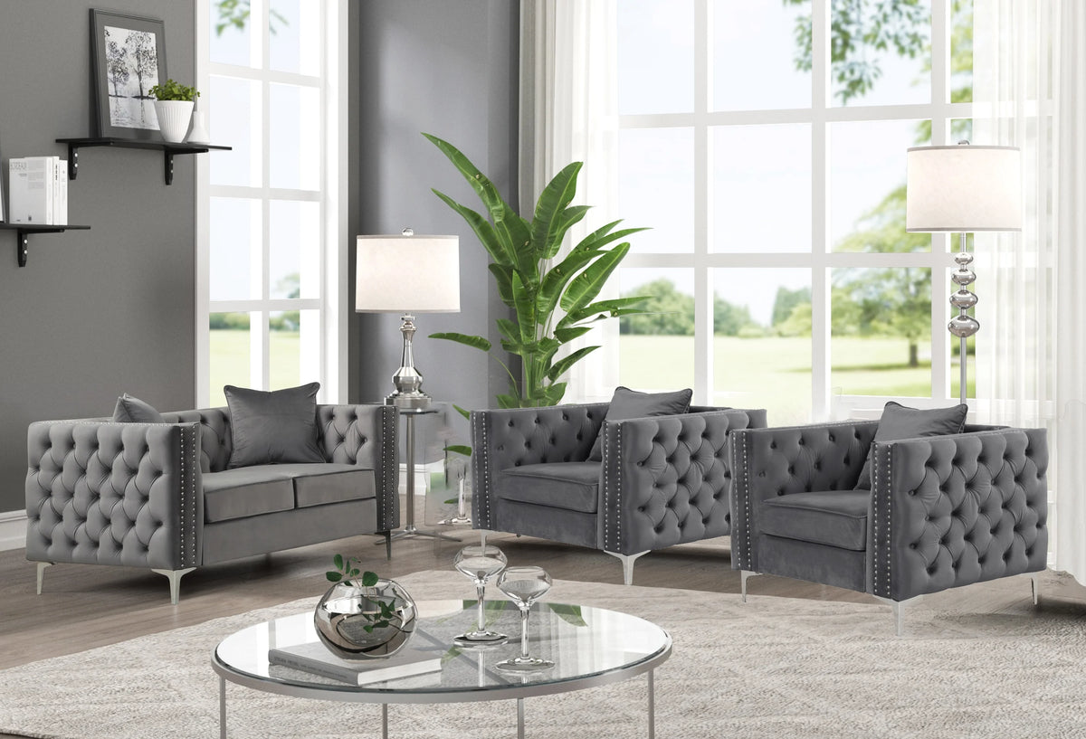 Gray Velvet 3 Pieces Loveseat and 2 Armchairs A5113