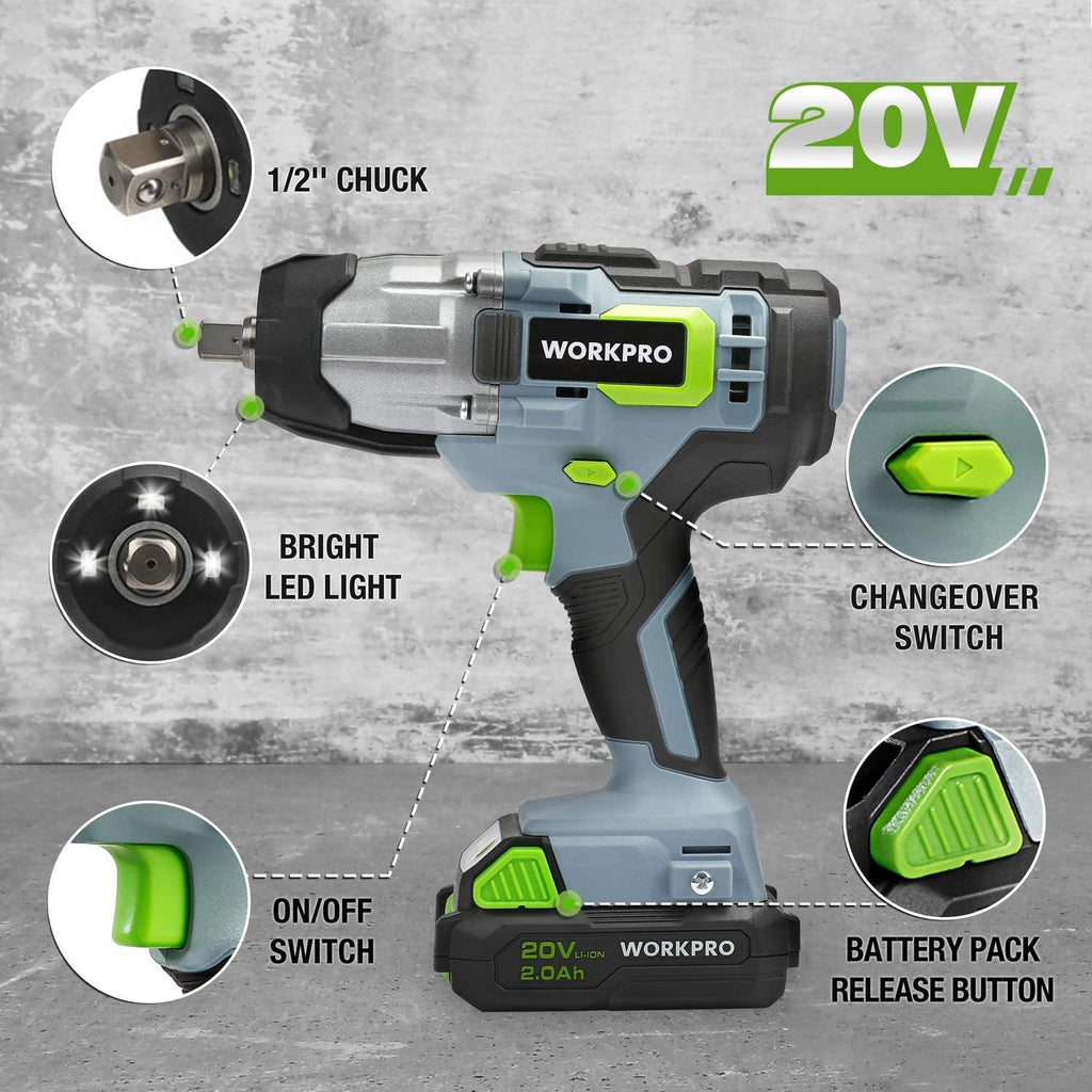 20V Cordless Impact Wrench, 1/2-inch, 320 Ft Pounds Max Torque, 2.0Ah Li-ion Battery with Fast Charger, Belt Clip R683262