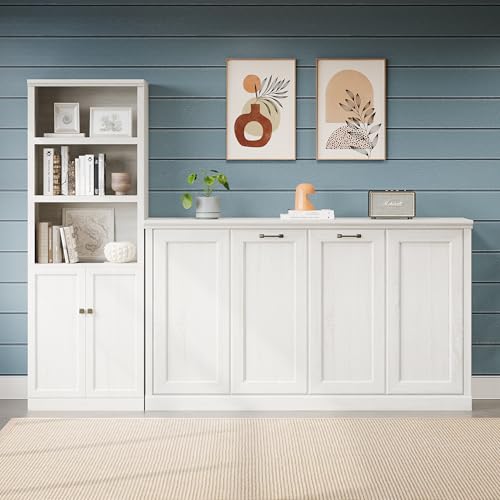 Twin Size Murphy Bed with Storage Bookshelf and USB Charging Station, Folding into a Cabinet, Rustic White H63189