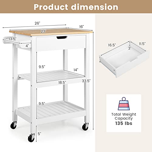 Natural Bamboo Rolling Kitchen Island Cart with Drawer and Shelves W784