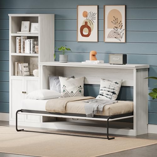 Twin Size Murphy Bed with Storage Bookshelf and USB Charging Station, Folding into a Cabinet, Rustic White H63189