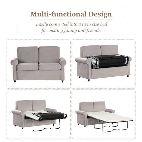 Grey Velvet Convertible Sofa Bed with Memory Foam Mattress W412835