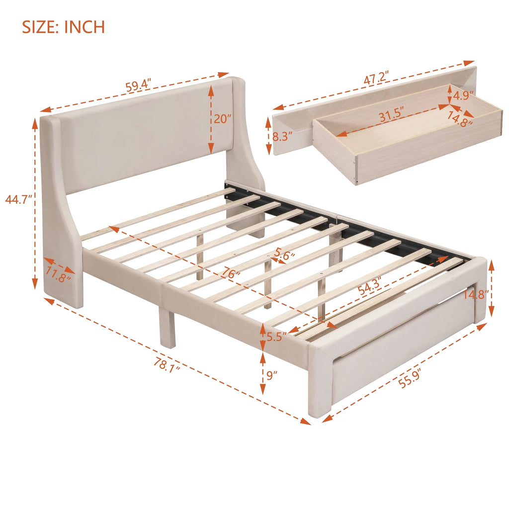 Beige Velvet Full Size Bed Frame with Storage Drawer G533