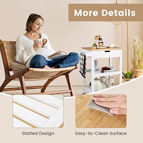 Natural Bamboo Rolling Kitchen Island Cart with Drawer and Shelves W784