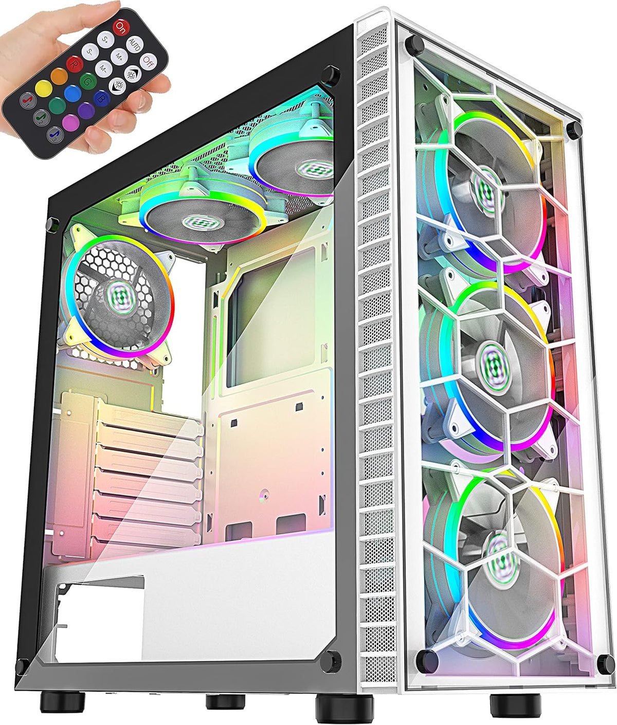 ATX Mid-Tower Computer Case with 6 Pcs ARGB Fans, USB 3.0, Tempered Glass Panels, Black Y1611
