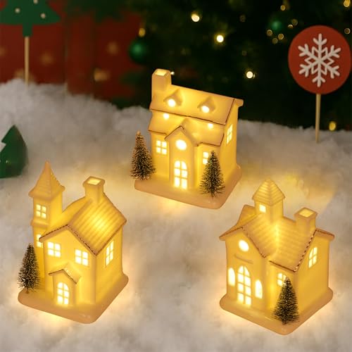 3Pcs Light Up Porcelain Christmas Village Houses with 4Pcs Christmas Trees LED Lighted Tabletop Figurines Y86105