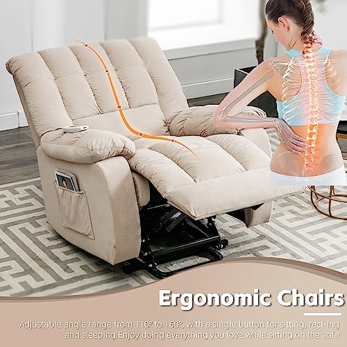 Beige Velvet Electric Lift Recliner Chair with Heat and Vibration V6526