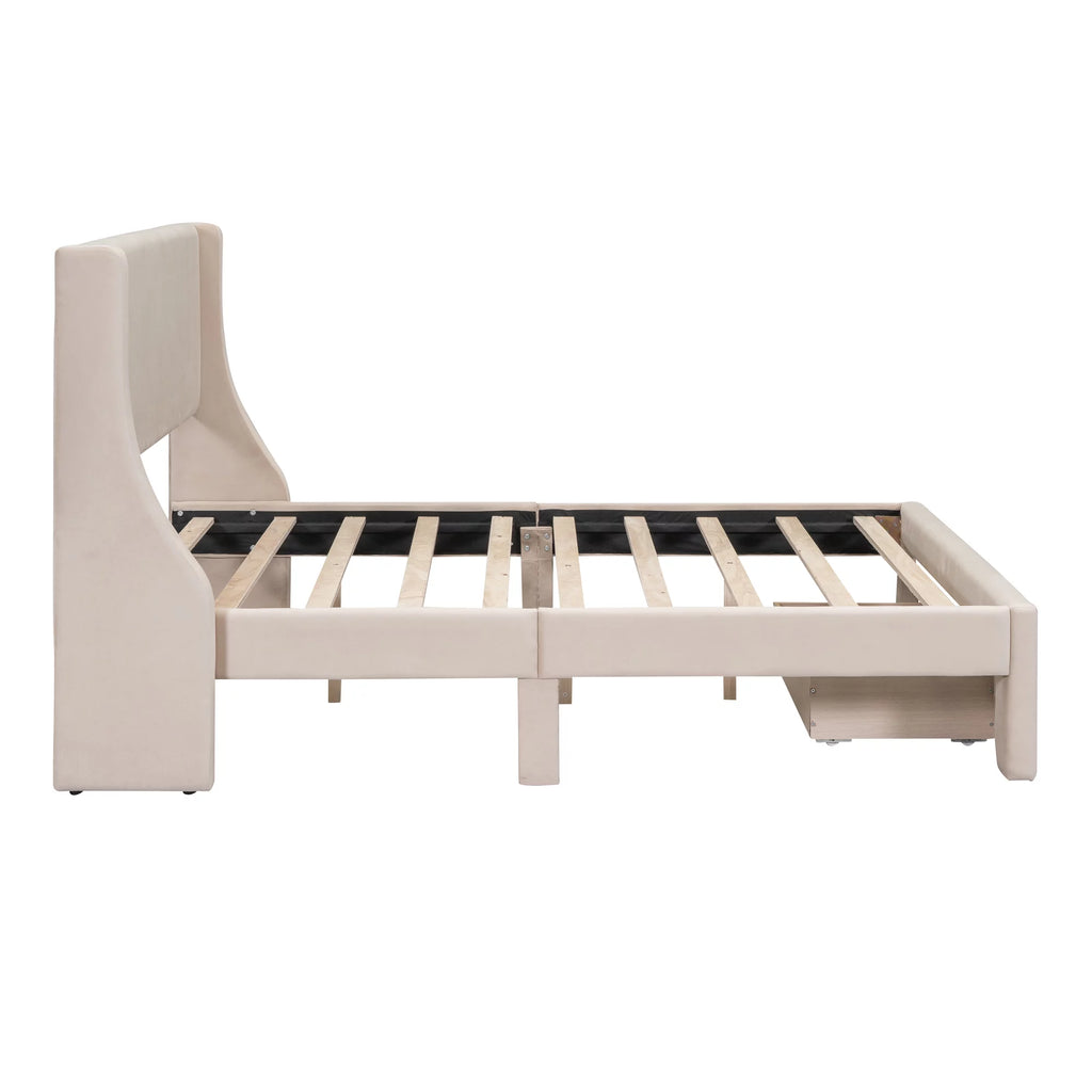 Beige Velvet Full Size Bed Frame with Storage Drawer G533