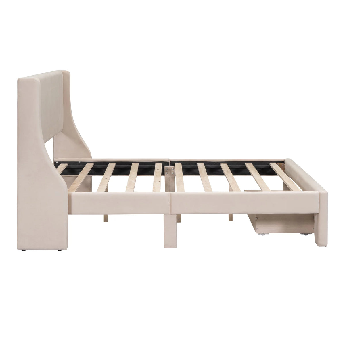 Beige Velvet Full Size Bed Frame with Storage Drawer G533