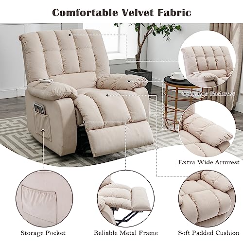 Beige Velvet Electric Lift Recliner Chair with Heat and Vibration V6526