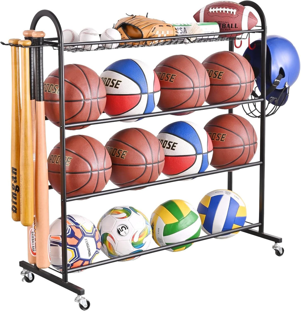 Basketball Rack with Baseball Bat Holder and Hooks, Powder Coated Steel Q6774