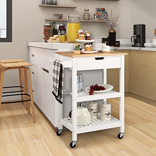 Natural Bamboo Rolling Kitchen Island Cart with Drawer and Shelves W784