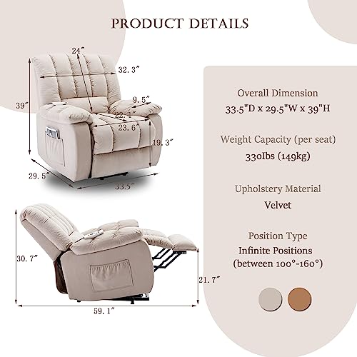 Beige Velvet Electric Lift Recliner Chair with Heat and Vibration V6526