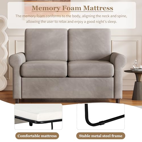 Grey Velvet Convertible Sofa Bed with Memory Foam Mattress W412835