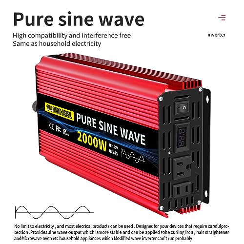 1000 Watt Pure Sine Wave Power Inverter DC 12V to AC 110V 120V with 2 AC Outlets LCD Display A2199