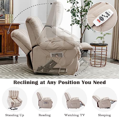 Beige Velvet Electric Lift Recliner Chair with Heat and Vibration V6526