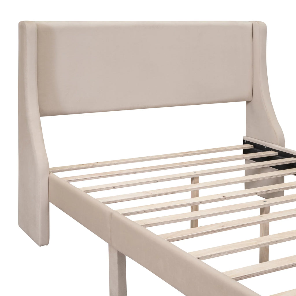 Beige Velvet Full Size Bed Frame with Storage Drawer G533