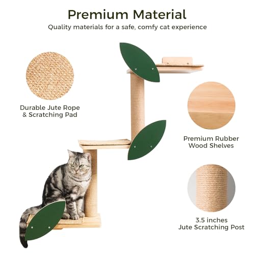 Cat Wall Shelves with Leaves, 2 Platform, Rubber Wood Wall Perch with Mat, Bridge U42398